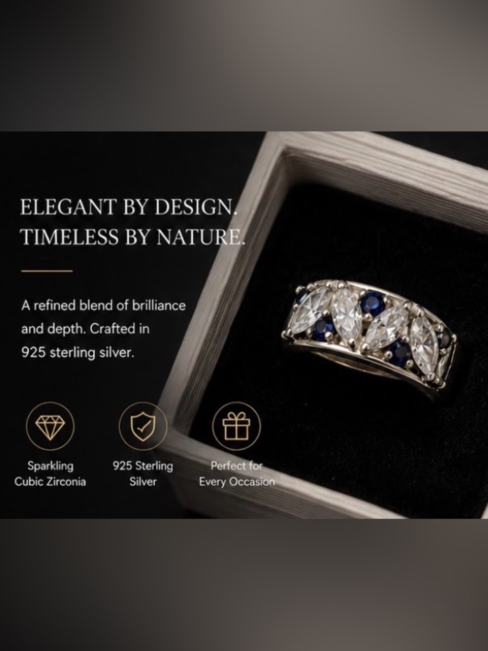 Vintage SAPPHIRE AND CRYSTAL 925 STERLING SILVER RING IN BOX